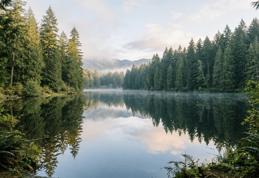 Serene mountain lake in Oregon surrounded by tall pine trees with a perfect mirror reflection and morning fog.