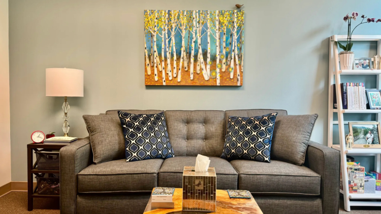 Dr. Novak's peaceful therapy space in Oregon, designed for client comfort with soft lighting and nature-themed decor.