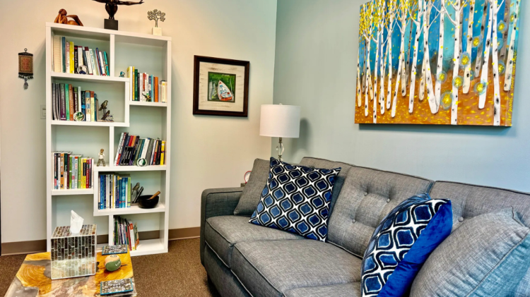 Dr. Novak’s therapy office interior showing a large collection of professional resources and comfortable seating.